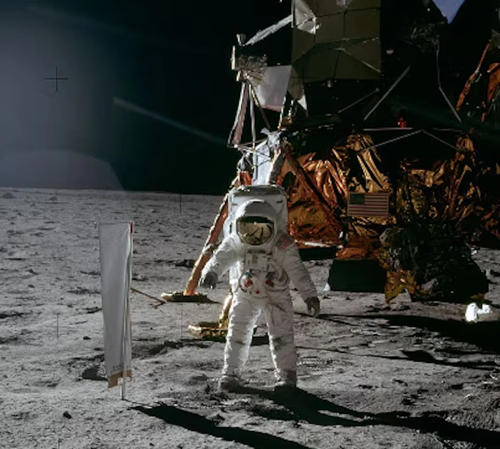 Buzz Aldrin on the moon with the Solar Wind Composition Experiment